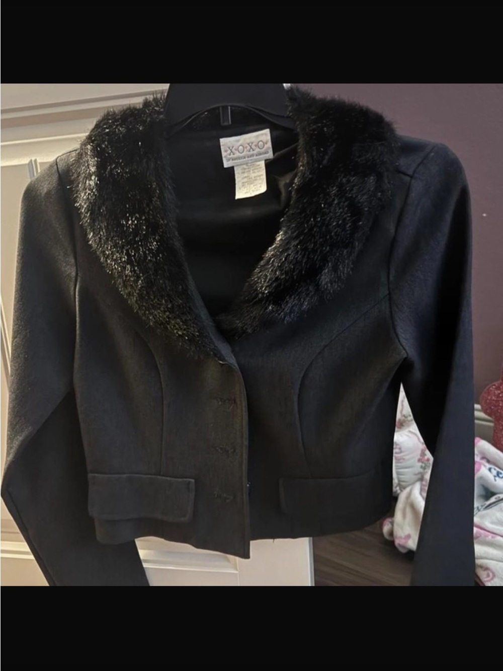 XOXO Black Cropped Blazer with Faux Fur Trim